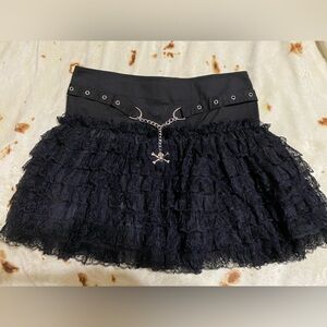 Tripp NYC Black Lace Ruffled Skirt with Chain and Signature Skull Accent